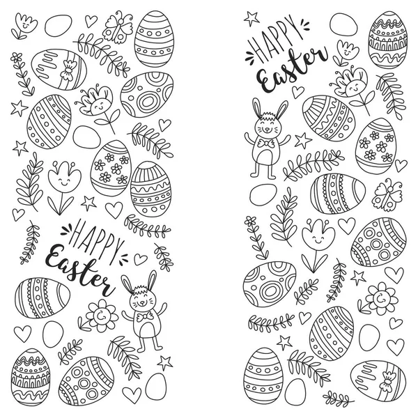 Padrão de vetor para ovos de Páscoa, flores, coelho Padrão de Páscoa feliz Página para colorir — Vetor de Stock