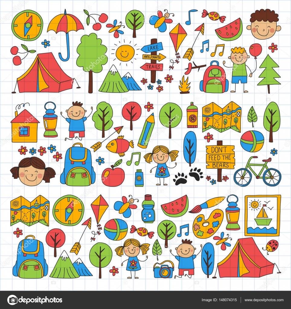 Summer camp i bambini bambini campeggio giochi bambini canto pesca escursionismo a piedi dopo scuola avventura estate — Vettoriali di Helen F
