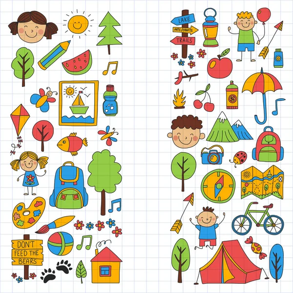 Nyári tábor gyerekeknek, gyerekek camping gyermek játszik, túrázás, éneklés, horgászat, séta, rajz, szórakozás iskola nyári advetures után — Stock Vector