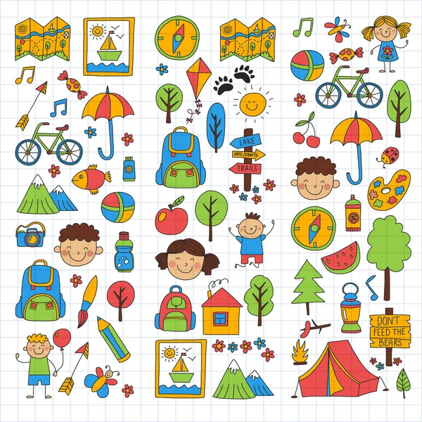 Campamento de verano Niños, niños camping Juegos infantiles, senderismo, canto, pesca, caminar, dibujar, divertirse — Vector de stock