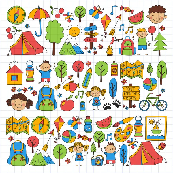 Campamento de verano Niños, niños camping Juegos infantiles, senderismo, canto, pesca, caminar, dibujar, divertirse — Vector de stock