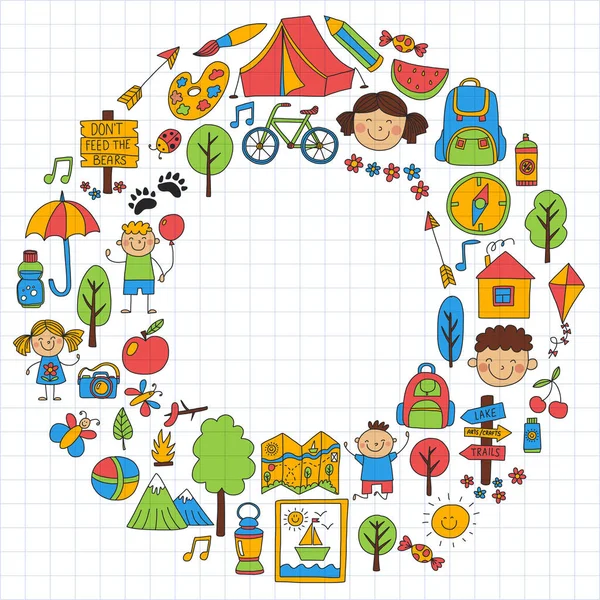 Campamento de verano Niños, niños camping Juegos infantiles, senderismo, canto, pesca, caminar, dibujar, divertirse — Vector de stock