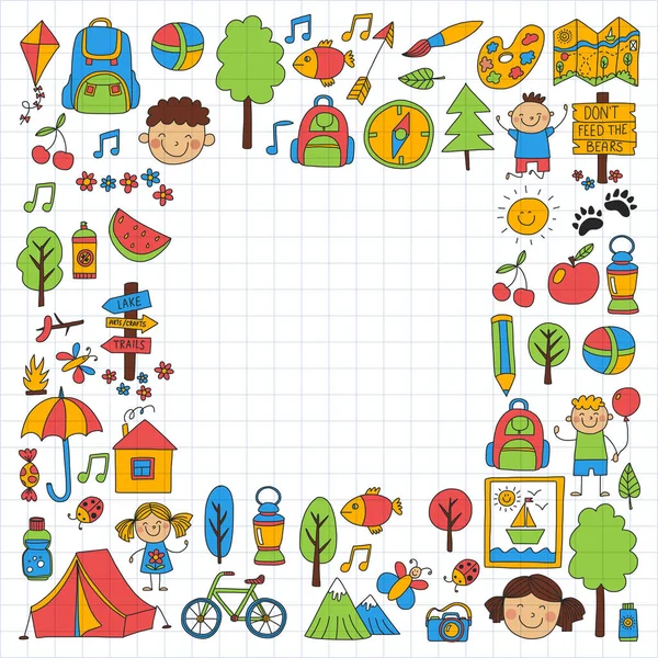 Campamento de verano Niños, niños camping Juegos infantiles, senderismo, canto, pesca, caminar, dibujar, divertirse — Vector de stock