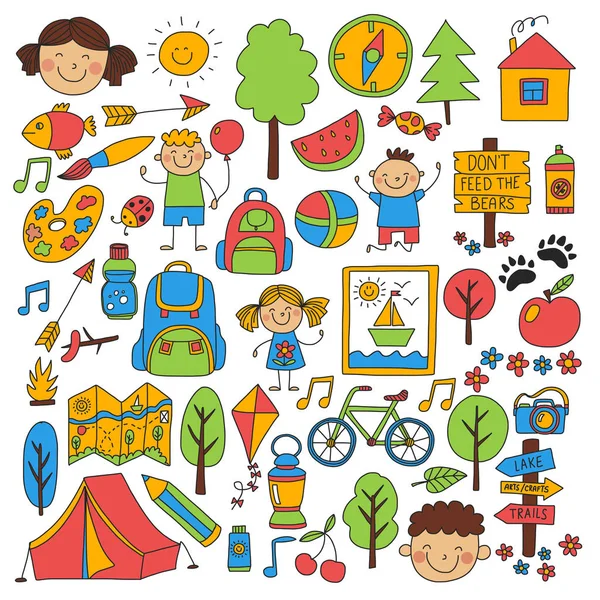 Campamento de verano Niños, niños camping Juegos infantiles, senderismo, canto, pesca, caminar, dibujar, divertirse — Archivo Imágenes Vectoriales