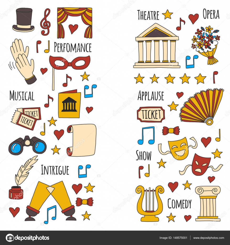 Hand drawn doodle Theatre set Vector illustration Sketchy theater icons