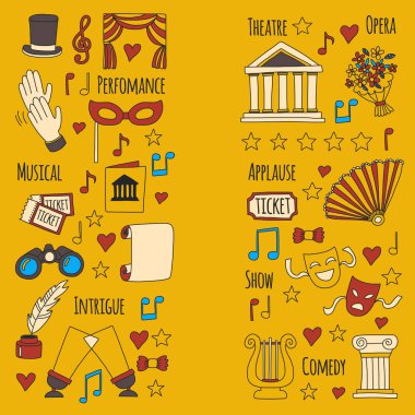 Elle çizilmiş doodle tiyatro vektör çizim yarım yamalak tiyatro simgeler bilet maskeleri Lyra çiçek perde sahne nota Pointe ayakkabı makyaj sanatçısı araçları tiyatro oyunculuk performansı öğeleri ayarla.