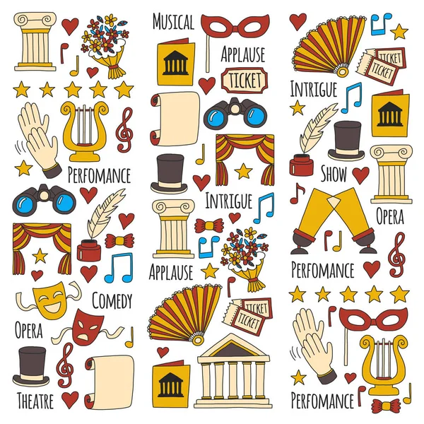 Hand drawn doodle Theatre set Vector illustration Sketchy theater icons Ticket Masks Lyra Flowers Curtain stage Musical notes Pointe shoes Make-up artist tools Theatre acting performance elements — Stock Vector