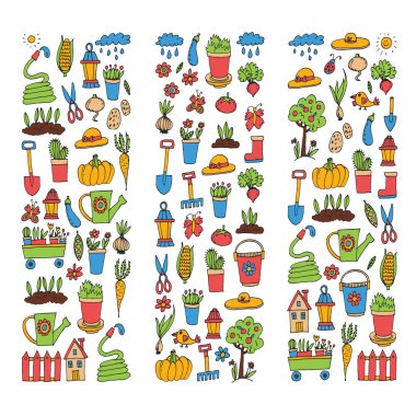 Bahçe şirin Bahçe vektör ayarla ekipmanları, bitkiler, sebze