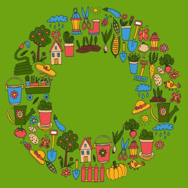 Bahçe şirin Bahçe vektör ayarla ekipmanları, bitkiler, sebze