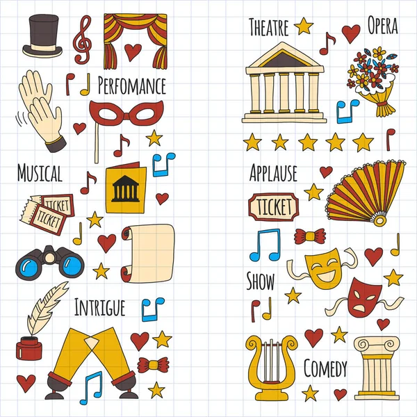 Doodle desenhado à mão Conjunto de teatro Icones de teatro esboçado Icones de teatro Bilhete Máscaras Lyra Flores Palco de cortina Notas musicais Sapatos de ponteiro Ferramentas de artista de maquiagem Elementos de atuação de teatro —  Vetores de Stock