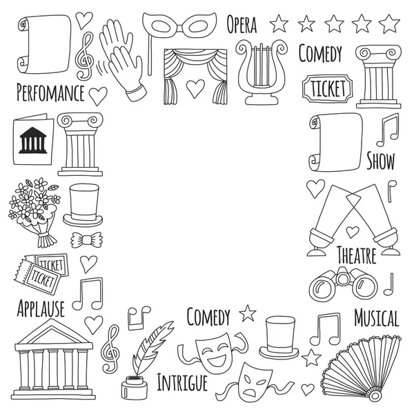 손으로 그린 낙서 극장 설정 벡터 일러스트 레이 션 스케치 극장 아이콘 티켓 마스크 거문고 꽃 커튼 무대 음악 노트 포인트 신발 메이크업 아티스트 도구 극장 행동 하는 성능 요소 — 스톡 벡터