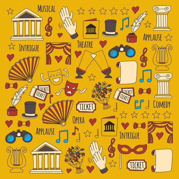 Hand getrokken doodle theater instellen Vector Illustratie schetsmatig theater pictogrammen Ticket maskers Lyra bloemen gordijn fase muzieknoten-Pointe schoenen Visagist tools theater optredens handelen — Stockvector