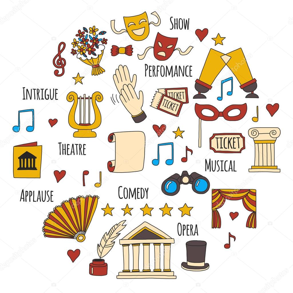 Hand drawn doodle Theatre set Vector illustration Sketchy theater icons Ticket Masks Lyra Flowers Curtain stage Musical notes Pointe shoes Make-up artist tools Theatre acting performance elements