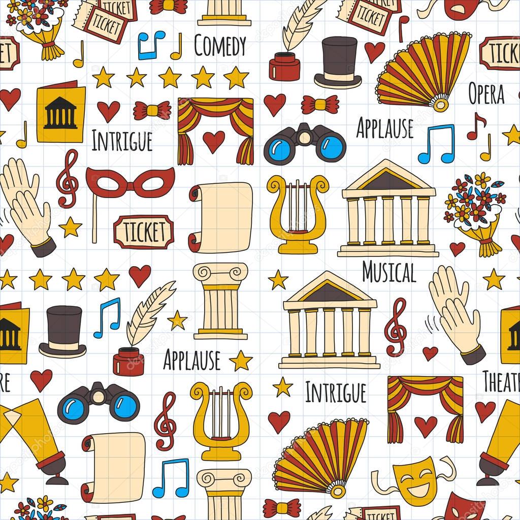 Seamless pattern Theatre set Vector illustration Sketchy theater icons Ticket Masks Lyra Flowers Curtain stage Musical notes Pointe shoes Make-up artist tools Theatre acting performance elements