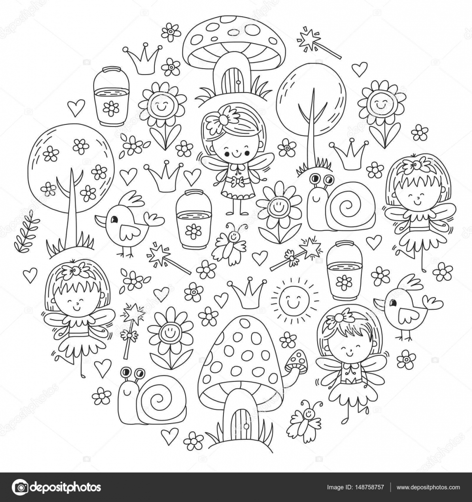 Illustrazione della foresta magica con motivo fate Doodle per Illustrazione della foresta magica con la mano fate Doodle reticolo disegnato — Vettoriali di Helen F