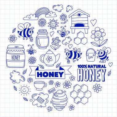Tatlım Pazar, çarşı, tatlım adil Doodle görüntüleri arılar, çiçekler, kavanoz, petek, arı kovanı, spot, yazı tatlı bal, doğal bal, tatlı arılar ile fıçı