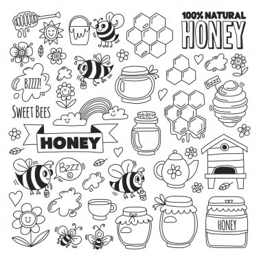 Tatlım Pazar, çarşı, tatlım adil Doodle görüntüleri arılar, çiçekler, kavanoz, petek, arı kovanı, spot, yazı tatlı bal, doğal bal, tatlı arılar ile fıçı