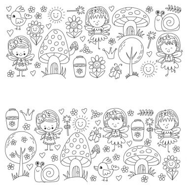Sihirli Orman perileri Doodle Desenli çizimi kızlar ve anaokulu, çocuk çocuklar çizim stili alışveriş.