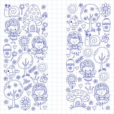 Sihirli Orman perileri Doodle Desenli çizimi kızlar ve anaokulu, çocuk çocuklar çizim stili alışveriş.