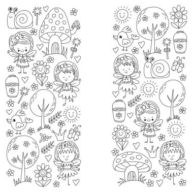 Sihirli Orman perileri Doodle Desenli çizimi kızlar ve anaokulu, çocuk çocuklar çizim stili alışveriş.