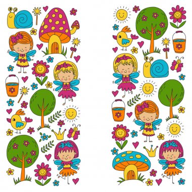 Sihirli Orman perileri Doodle Desenli çizimi kızlar ve anaokulu, çocuk çocuklar çizim stili alışveriş.