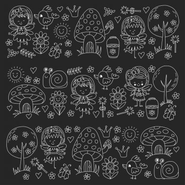 Sihirli Orman perileri Doodle Desenli çizimi kızlar ve anaokulu, çocuk çocuklar çizim stili alışveriş.