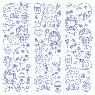 Sihirli Orman perileri Doodle Desenli çizimi kızlar ve anaokulu, çocuk çocuklar çizim stili alışveriş.