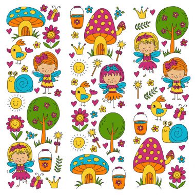 Sihirli Orman perileri Doodle Desenli çizimi kızlar ve anaokulu, çocuk çocuklar çizim stili alışveriş.