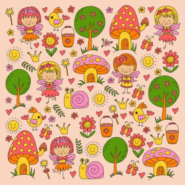Sihirli Orman perileri Doodle Desenli çizimi