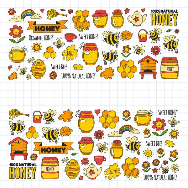 Marché du miel, bazar, miel équitable Doodle images d'abeilles, fleurs, pots, nid d'abeille, ruche, tache, le fût avec lettrage miel doux, miel naturel, abeilles douces — Image vectorielle