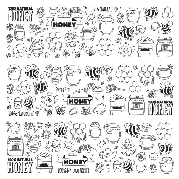 Медовый рынок, базар, ярмарка меда Дудл изображения пчел, цветов, банок, сотов, улей, место, бочонок с надписью сладкий мед, натуральный мед, сладкие пчелы — стоковый вектор