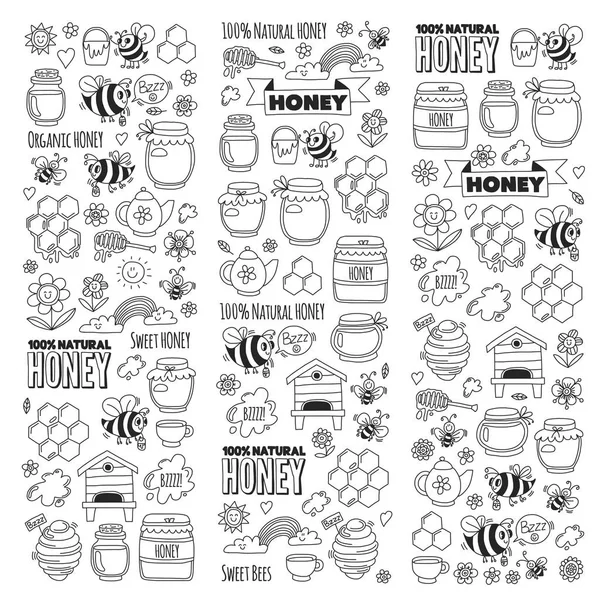 Mercado de miel, bazar, feria de miel Doodle imágenes de abejas, flores, tarros, panal, colmena, mancha, el barril con letras miel dulce, miel natural, abejas dulces — Vector de stock