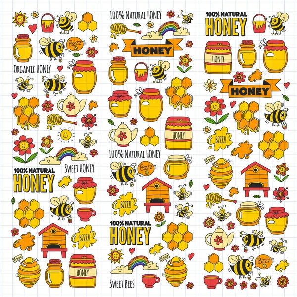 蜂蜜市場、バザール、蜂、花、瓶、ハニカム、蜂の巣、スポット、はちみつ公正な落書き画像甘い蜂蜜、天然蜂蜜、甘い蜂をレタリングと樽 — ストックベクタ