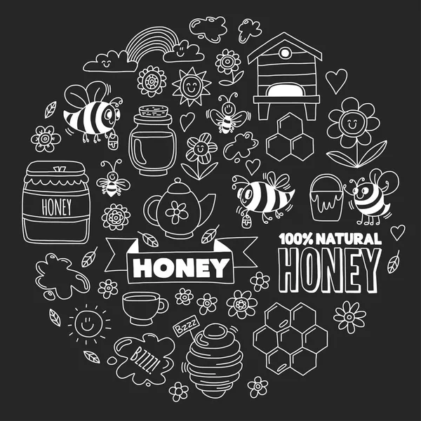 蜂蜜市場、バザール、蜂、花、瓶、ハニカム、蜂の巣、スポット、はちみつ公正な落書き画像甘い蜂蜜、天然蜂蜜、甘い蜂をレタリングと樽 — ストックベクタ