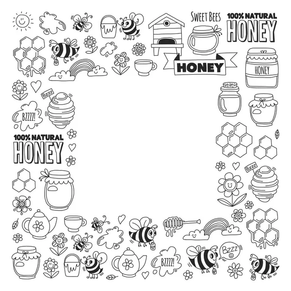 Mercado de mel, bazar, feira de mel Imagens de abelhas, flores, frascos, favo de mel, colmeia, mancha, o barril com mel doce lettering, mel natural, abelhas doces — Vetor de Stock