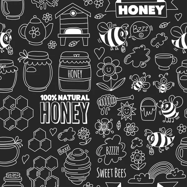 Бесшовный шаблон Медовый рынок, базар, медовая ярмарка Дудл изображения пчел, цветов, банок, сотов, улей, место, бочонок с надписью сладкий мед, натуральный мед, сладкие пчелы — стоковый вектор