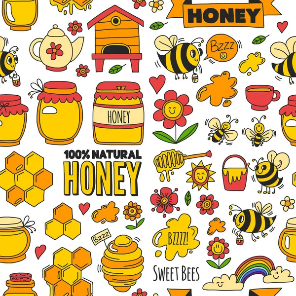 Modello senza cuciture Mercato del miele, bazar, fiera del miele Immagini Doodle di api, fiori, vasi, favi, alveare, spot, il fusto con scritte miele dolce, miele naturale, api dolci — Vettoriale Stock