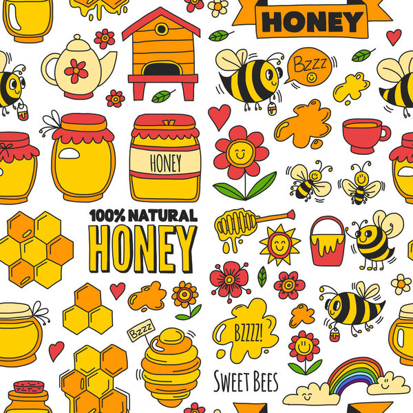 Seamless pattern Honey market, bazaar, honey fair Doodle images of bees, flowers, jars, honeycomb, beehive, spot, the keg with lettering sweet honey, natural honey, sweet bees