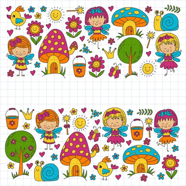 图中的魔法森林仙女涂鸦图案为女孩和幼儿园，儿童购物孩子绘画风格 — 图库矢量图片