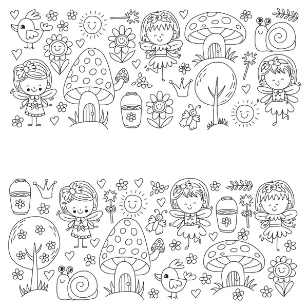 Illustrazione della foresta magica con le fate Modello Doodle per ragazze e asilo, negozio per bambini Stile di disegno per bambini — Vettoriale Stock