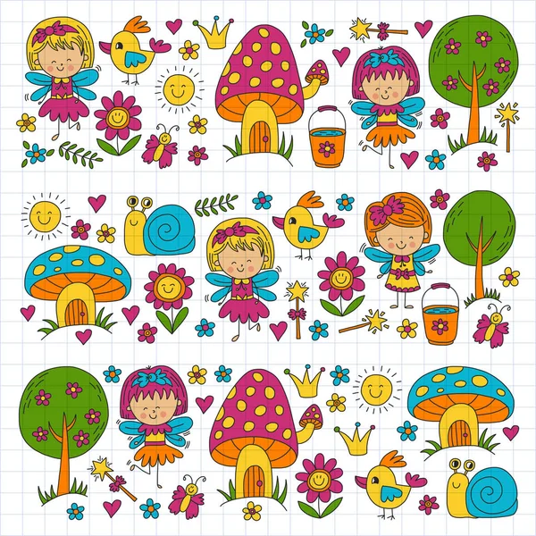 Illustratie van de magic forest met feeën Doodle patroon voor meisjes en kleuterschool, kinderen shop Kids tekening stijl — Stockvector