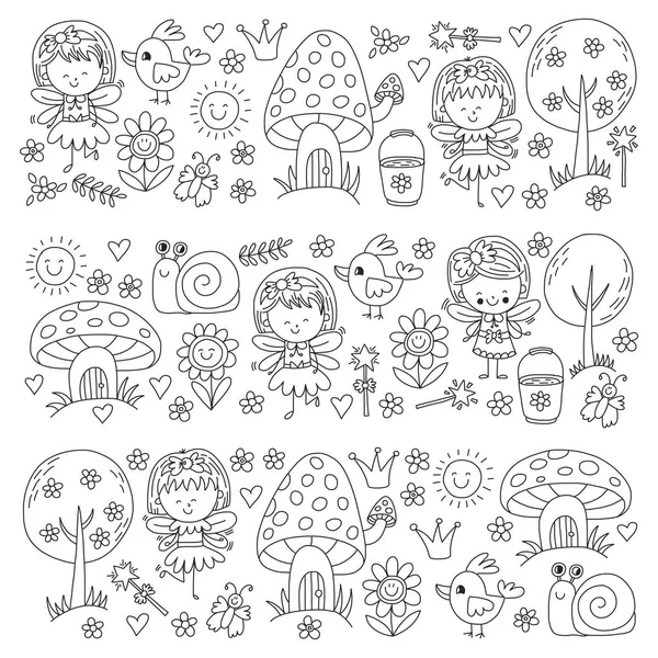 A lányok és az óvoda varázslatos erdei tündérek Doodle mintával illusztrációja gyermekek bolt gyerekek rajz stílus — Stock Vector