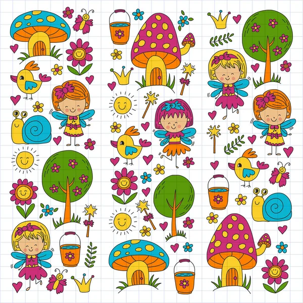 Illustration of magic forest with Fairies Doodle pattern for girls and kindergarten, children shop Kids drawing style — Stock Vector