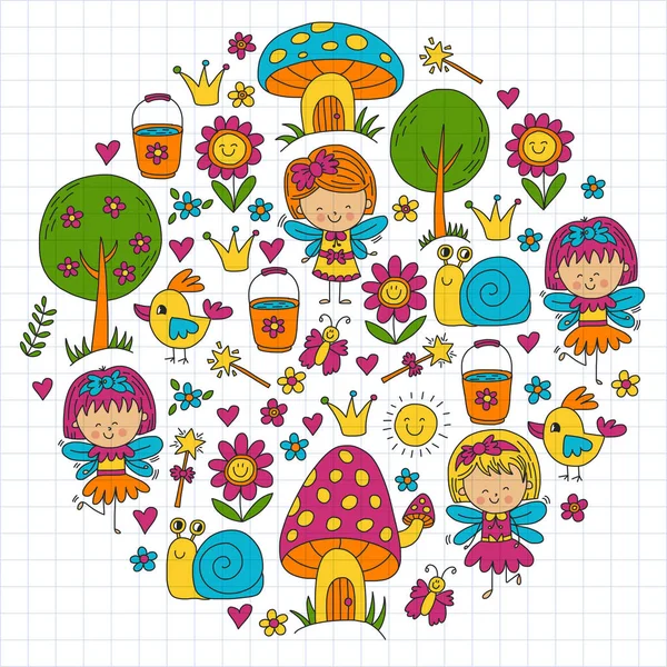 Illustration of magic forest with Fairies Doodle pattern for girls and kindergarten, children shop Kids drawing style — Stock Vector