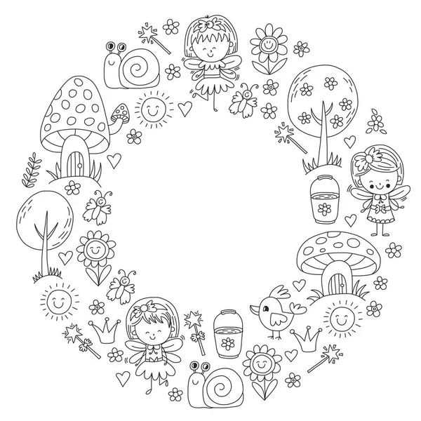 Ilustración de bosque mágico con patrón de Doodle de hadas para niñas y jardín de infantes, tienda de niños Estilo de dibujo para niños — Vector de stock