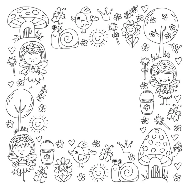 Ilustrasi hutan ajaib dengan Fairies Doodle pola untuk anak perempuan dan taman kanak-kanak, anak-anak toko anak-anak menggambar gaya - Stok Vektor