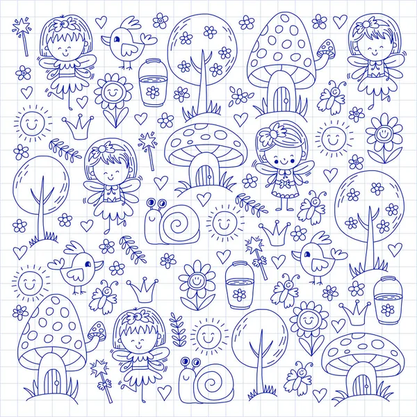Illustratie van de magic forest met feeën Doodle patroon voor meisjes en kleuterschool, kinderen shop Kids tekening stijl — Stockvector