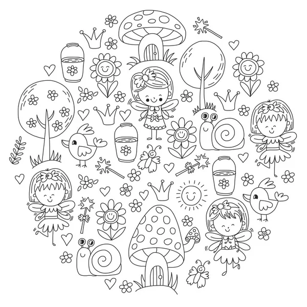 Illustration of magic forest with Fairies Doodle pattern for girls and kindergarten, children shop Kids drawing style Vector Graphics
