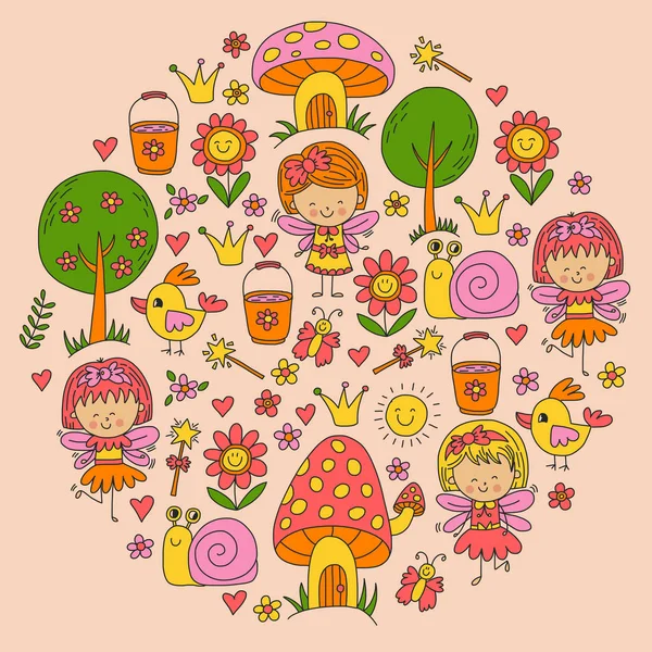 Illustration of magic forest with Fairies Doodle pattern for girls and kindergarten, children shop Kids drawing style Stock Vector