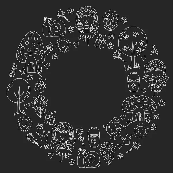 Illustration of magic forest with Fairies Doodle pattern for girls and kindergarten, children shop Kids drawing style Stock Vector